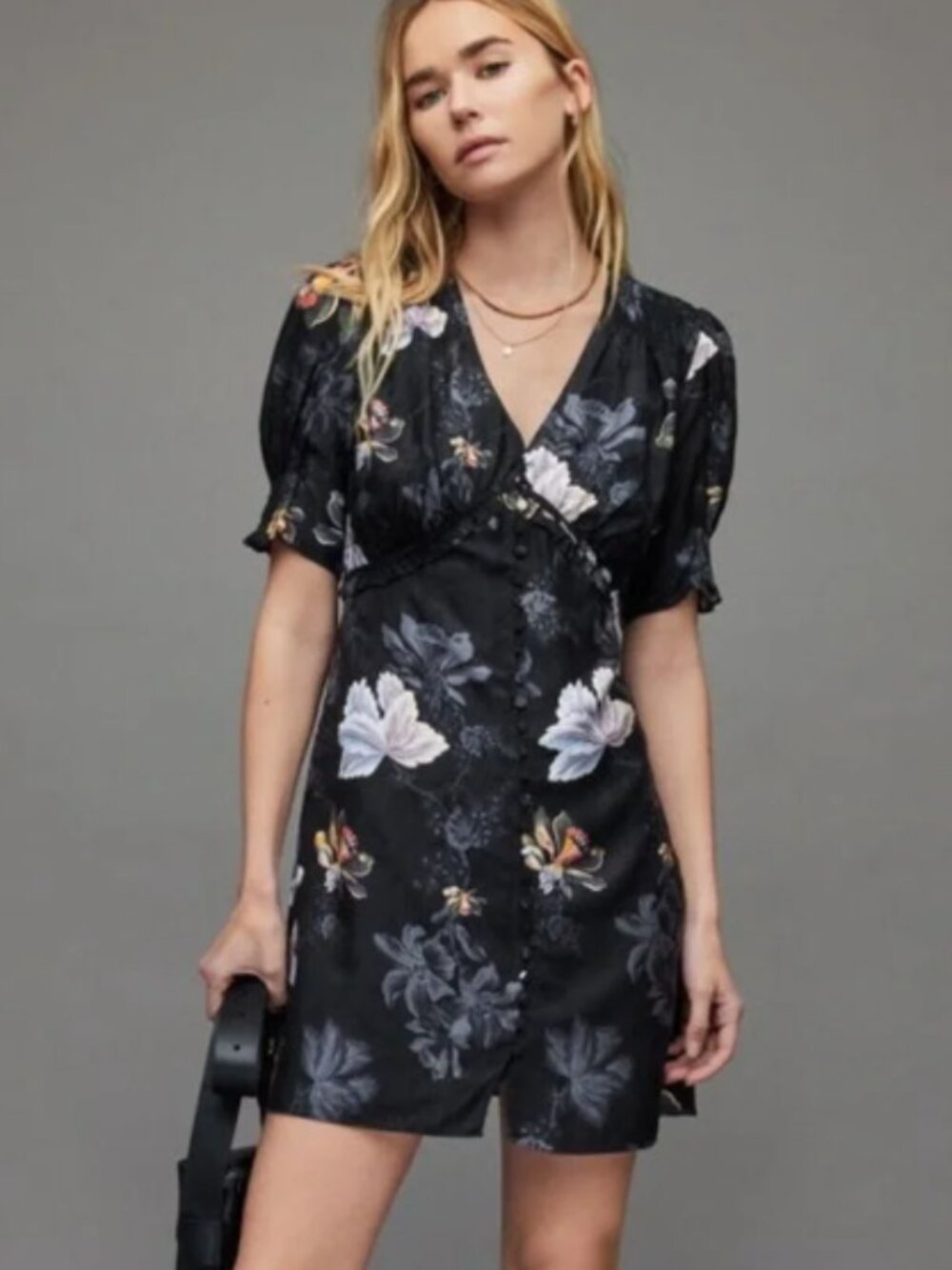 AllSaints Rosin Riyaz Floral Button Front Mini Dress Black Silk Blend Size 10
